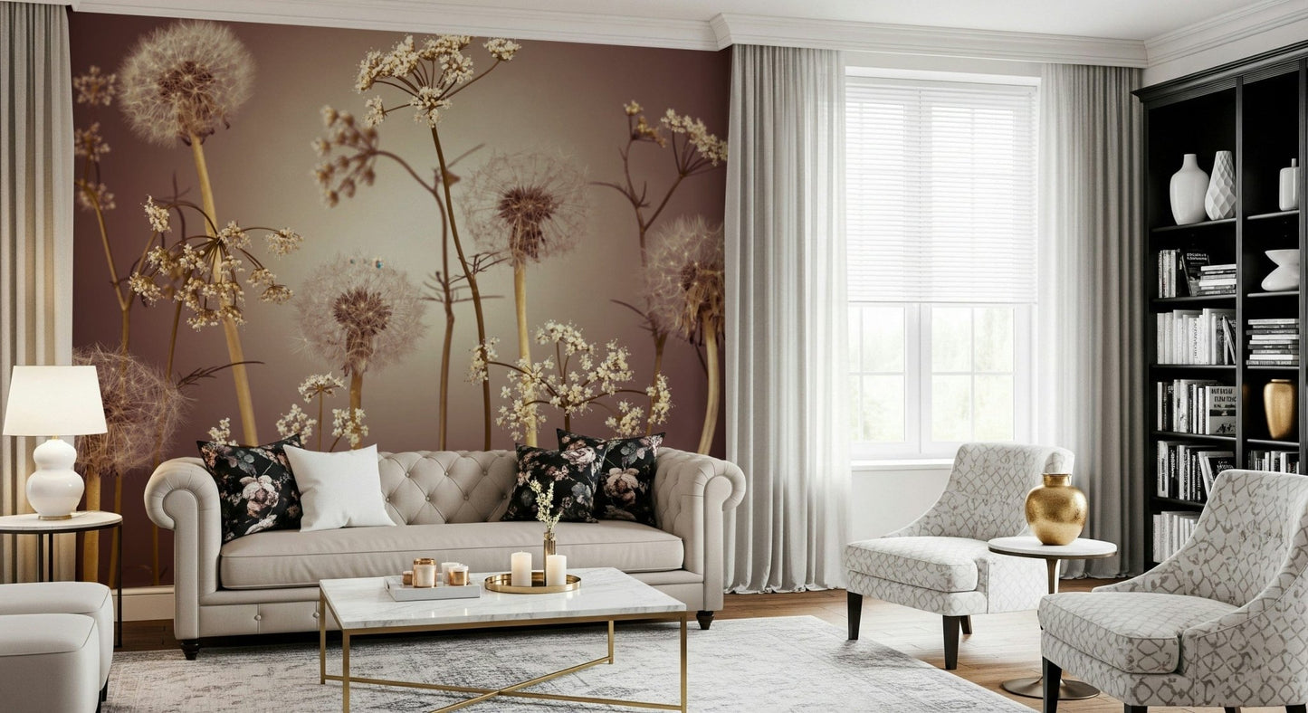 Home office wall mural with wildflowers, subtle botanical pattern in muted colors