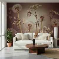 Dining room accent wall with wildflower mural, soft florals and natural meadow look