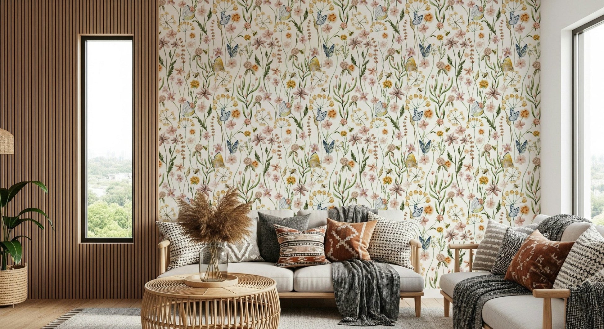 Decorative Wildflower Whispers wallpaper, romantic feminine pattern on white.