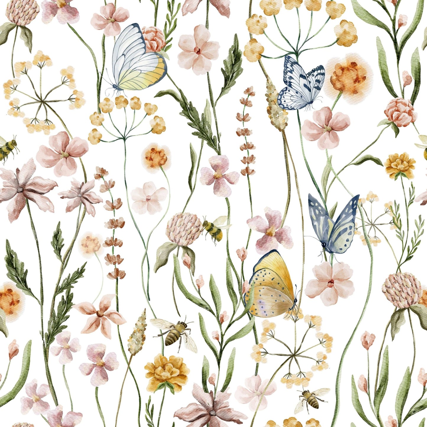 Designer Wildflower Whispers mural, artistic illustration of flora and fauna.