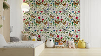 Pastel-colored wallpaper with wildflowers and butterfly patterns

