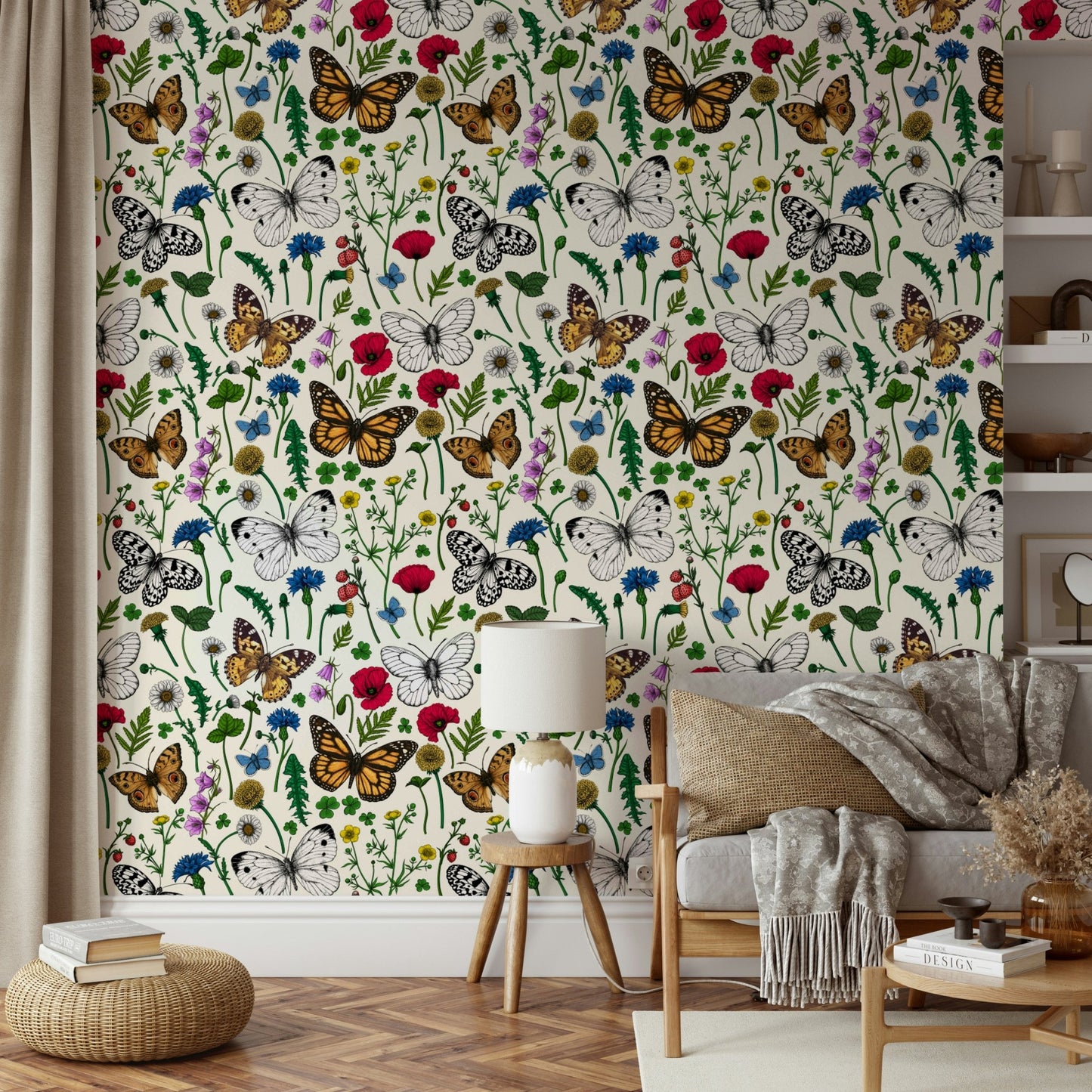 Bright floral wallpaper with wildflowers and fluttering butterflies

