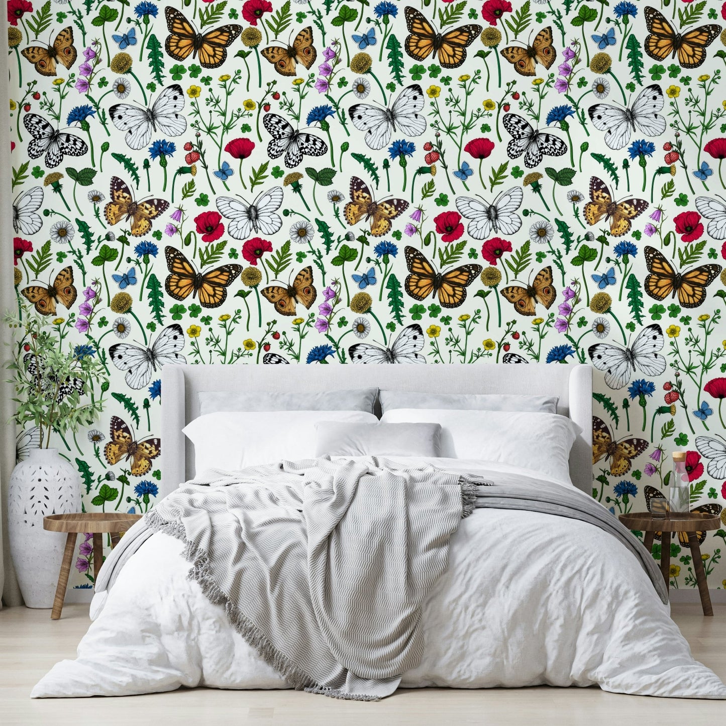 Nature-inspired wallpaper with butterflies and wildflowers

