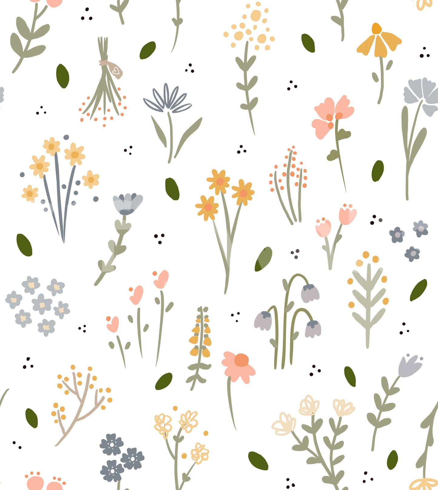 Wildflowers wallpaper close-up showing delicate pastel blooms in peach, blue and mustard scattered on white