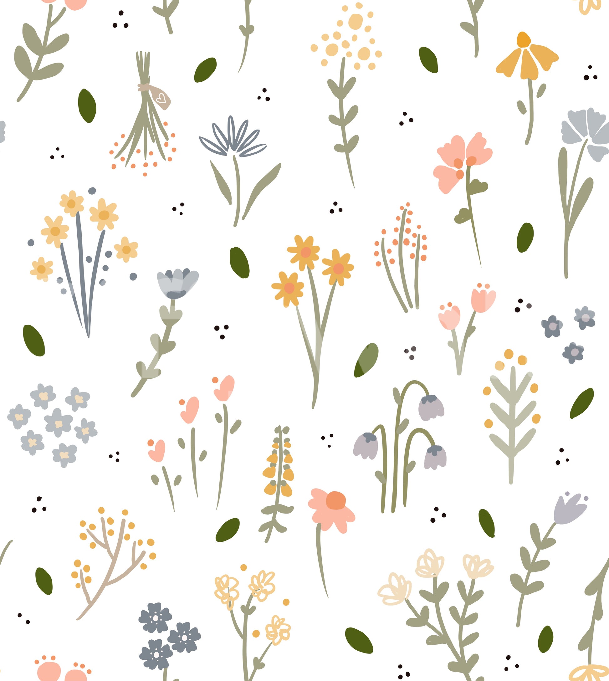 Wildflowers wallpaper close-up showing delicate pastel blooms in peach, blue and mustard scattered on white