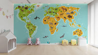World Map with Wildlife Animals Wallpaper for kids room
