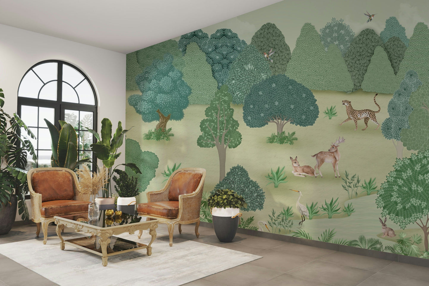 The design features a repeating pattern of soft, graceful animal shapes and plants.

