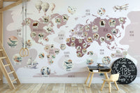 Delightful Wildlife World Map colorful mural