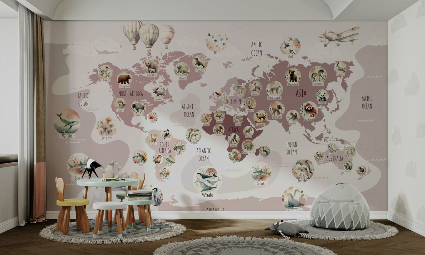 Delightful Wildlife World Map kids decor wallpaper