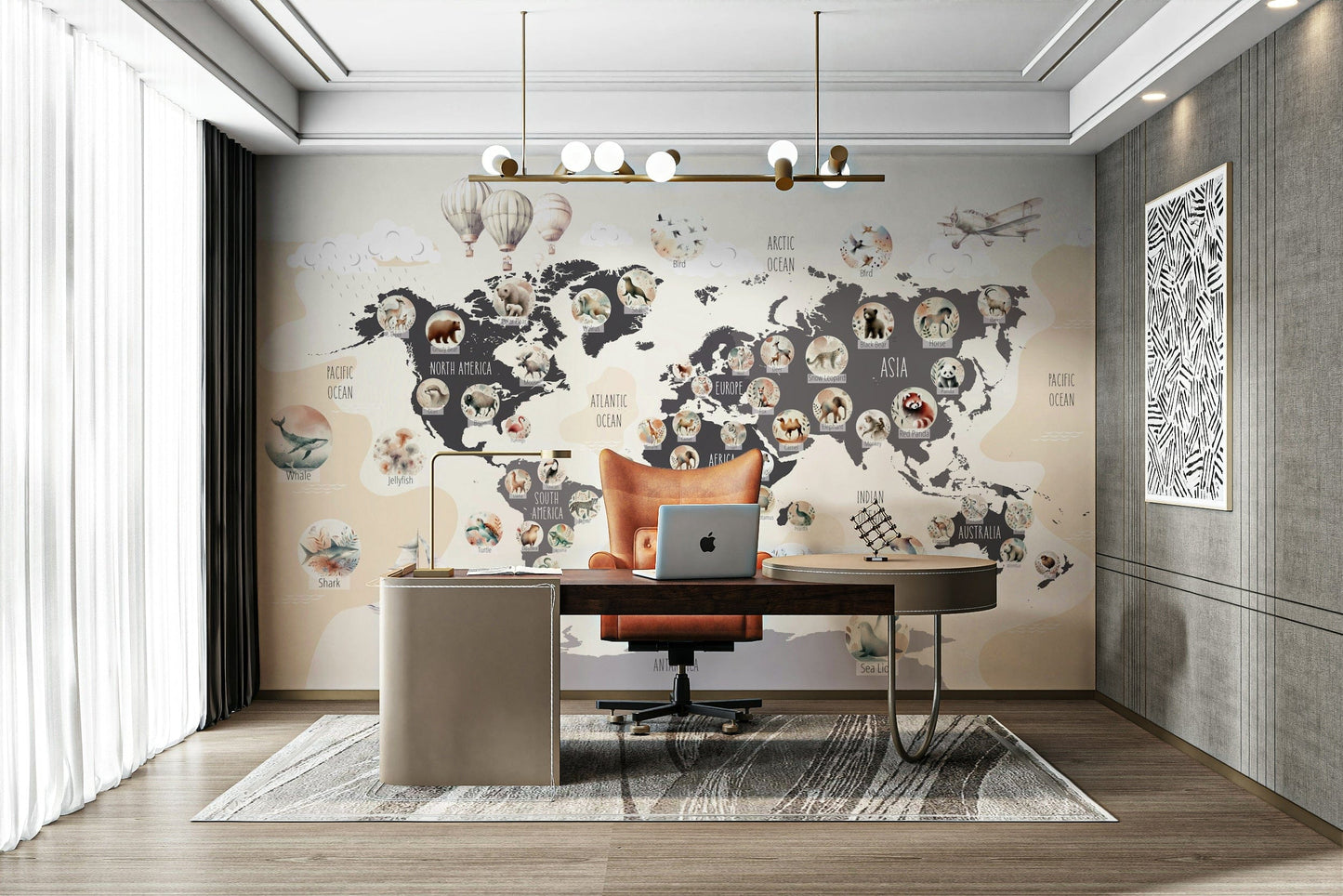 A tasteful world map design with creatures.

