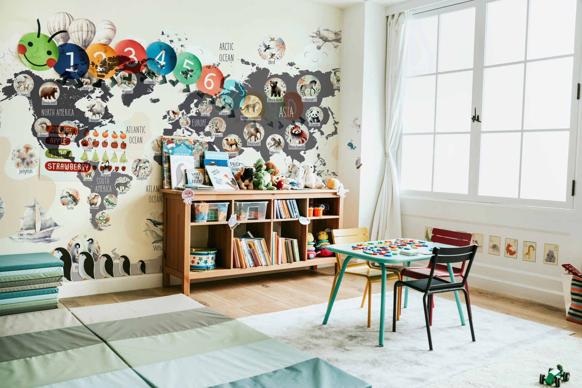 A modern world map wall art featuring wildlife.

