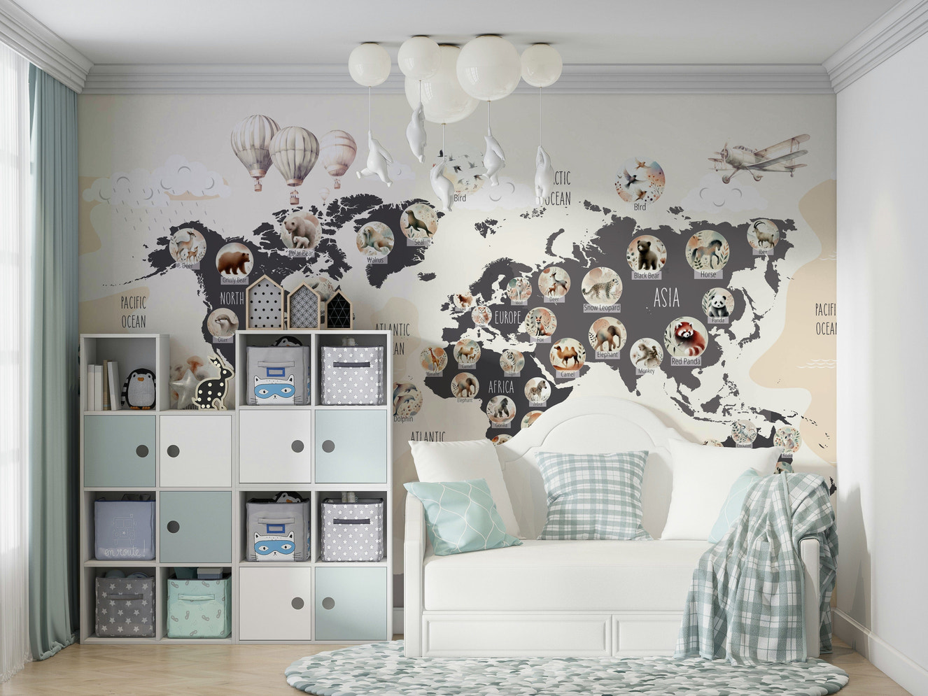An interior view showing a wall decorated with a Chic Wildlife World Map Wall Mural.

