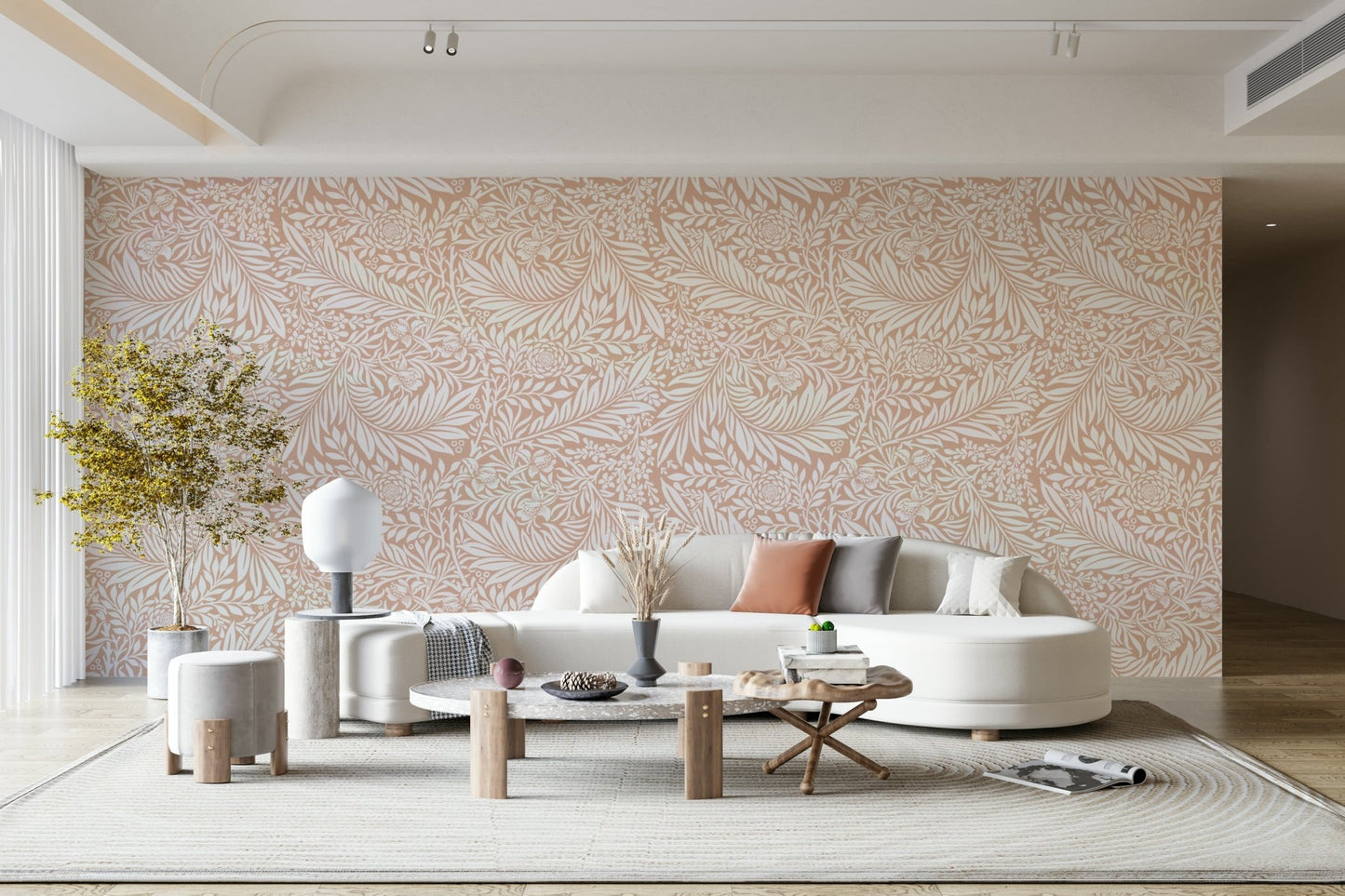 The image shows a repeating design of larkspur flowers and leaves.

