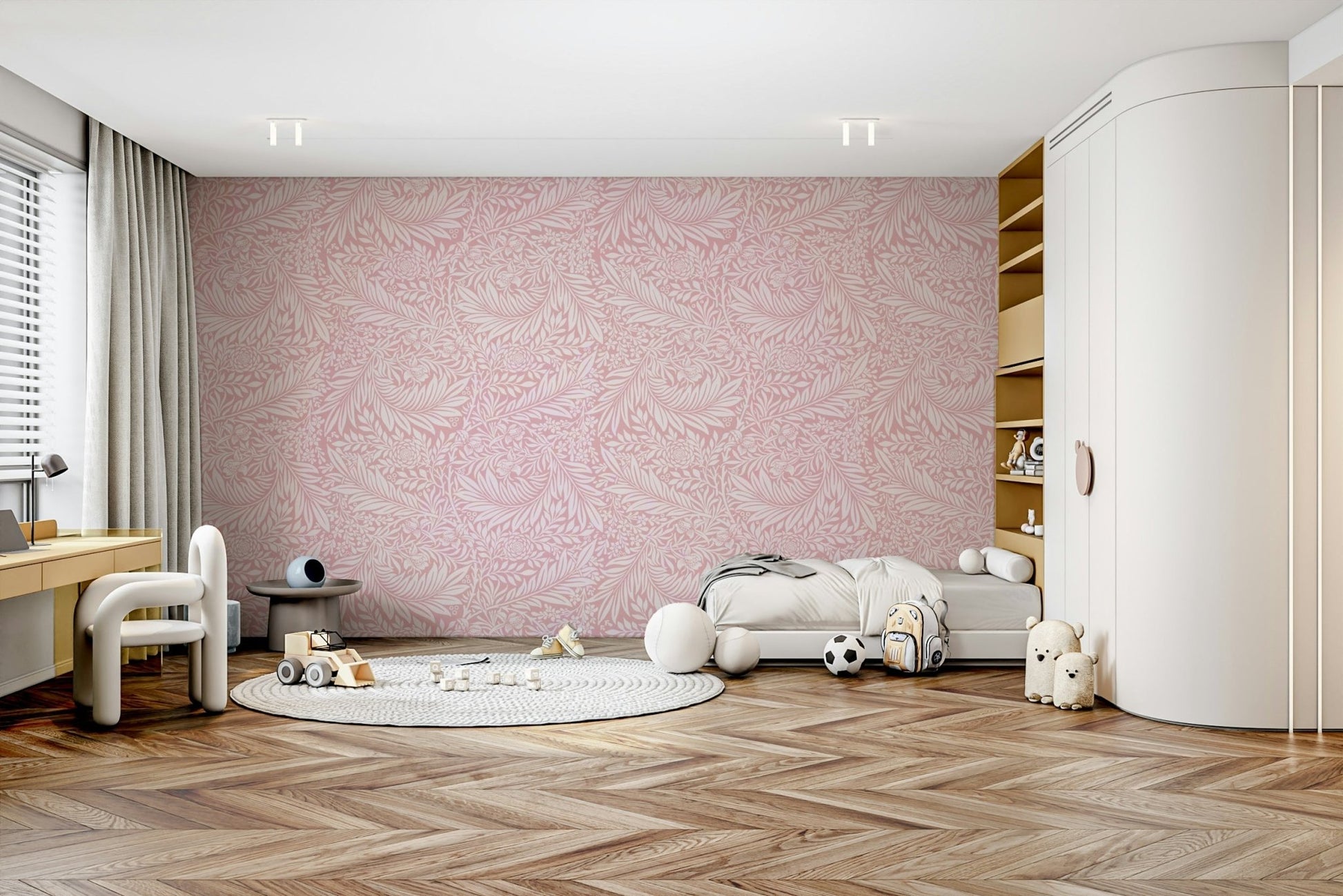 The room's lighting highlights the timeless feel of the pattern.

