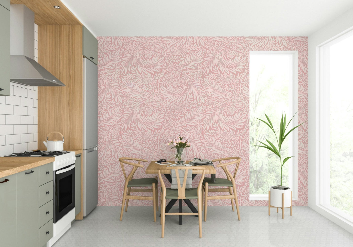 The colors are rich and warm, with a dominant pink and cream tone.

