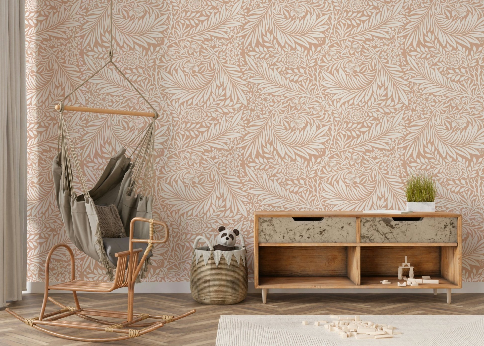The colors are rich and warm, with a dominant beige and cream tone.

