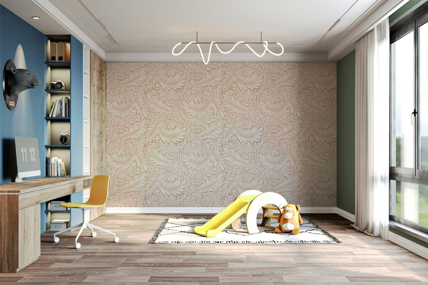 The wallpaper is installed in a classic, elegant living room.

