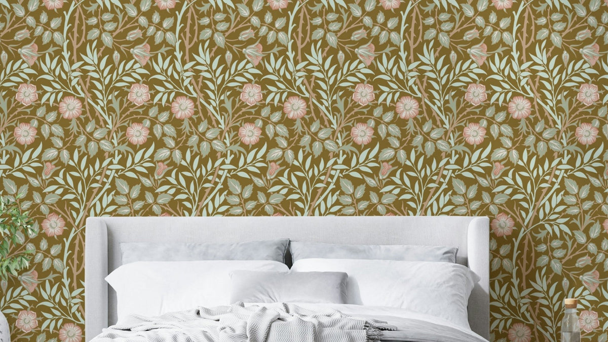 A wallpaper featuring a classic, intricate floral pattern.

