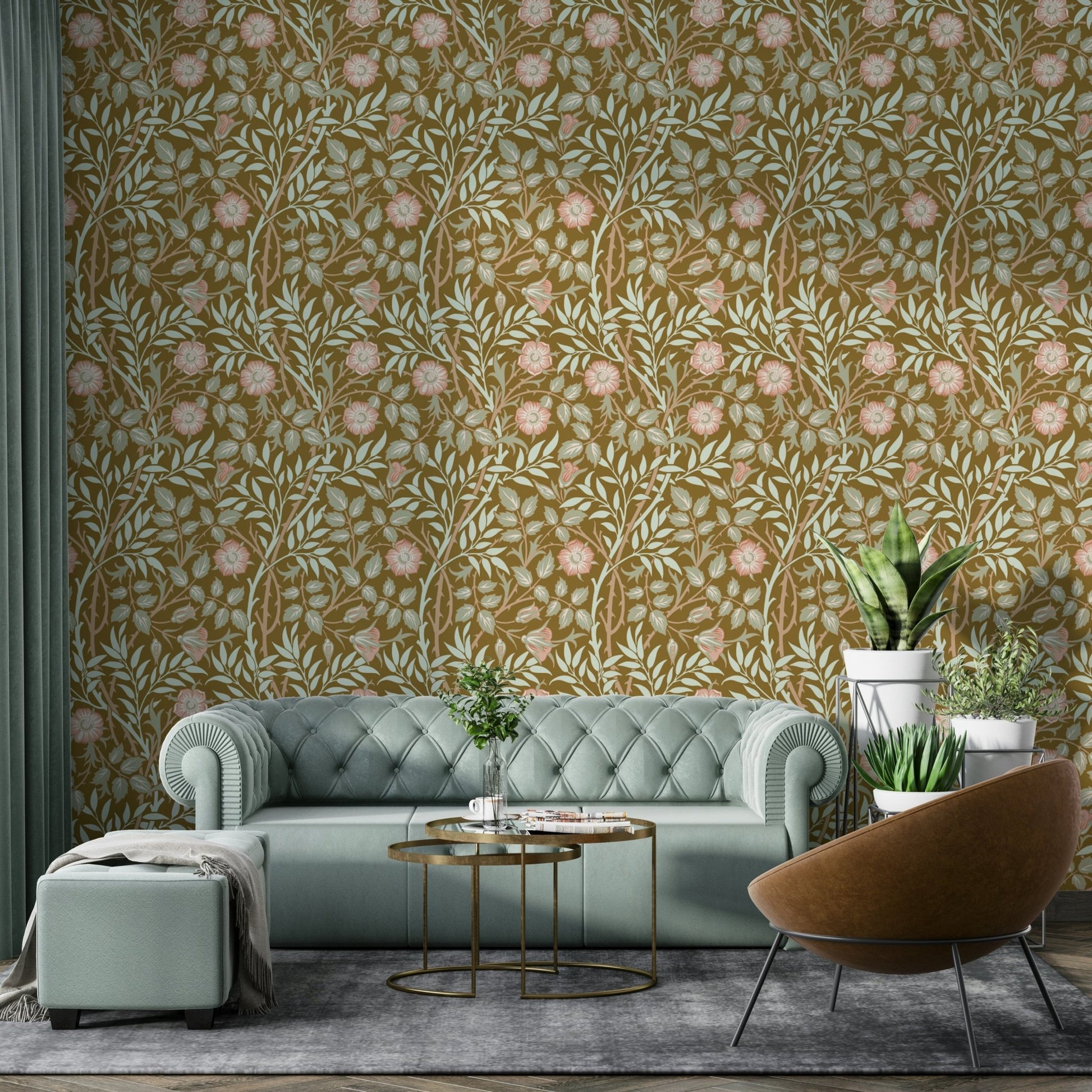 The wallpaper is installed in a classic, elegant living room.

