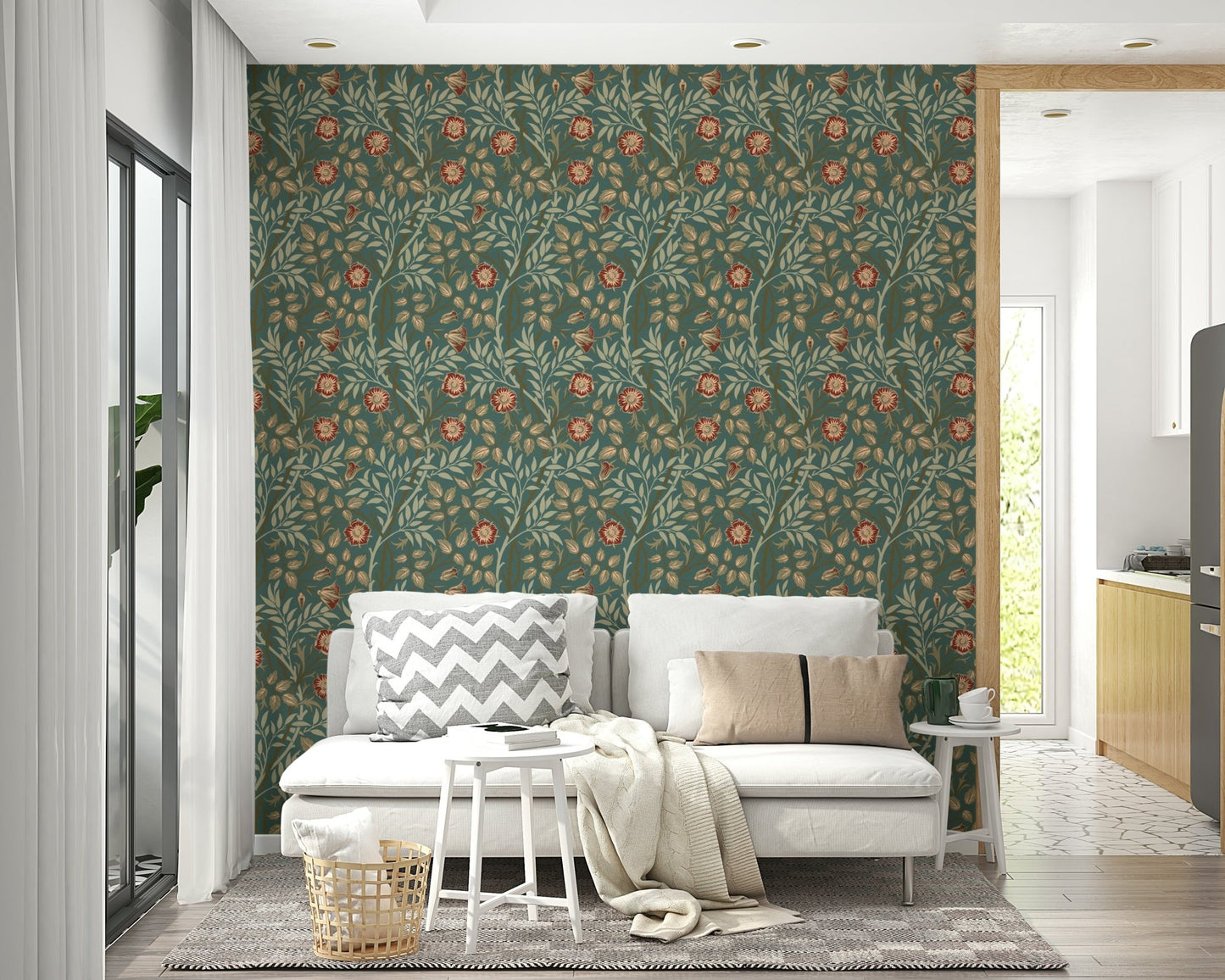 The image shows a repeating design of sweet briar flowers and leaves.

