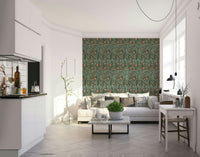 The wallpaper is installed in a classic, elegant living room.

