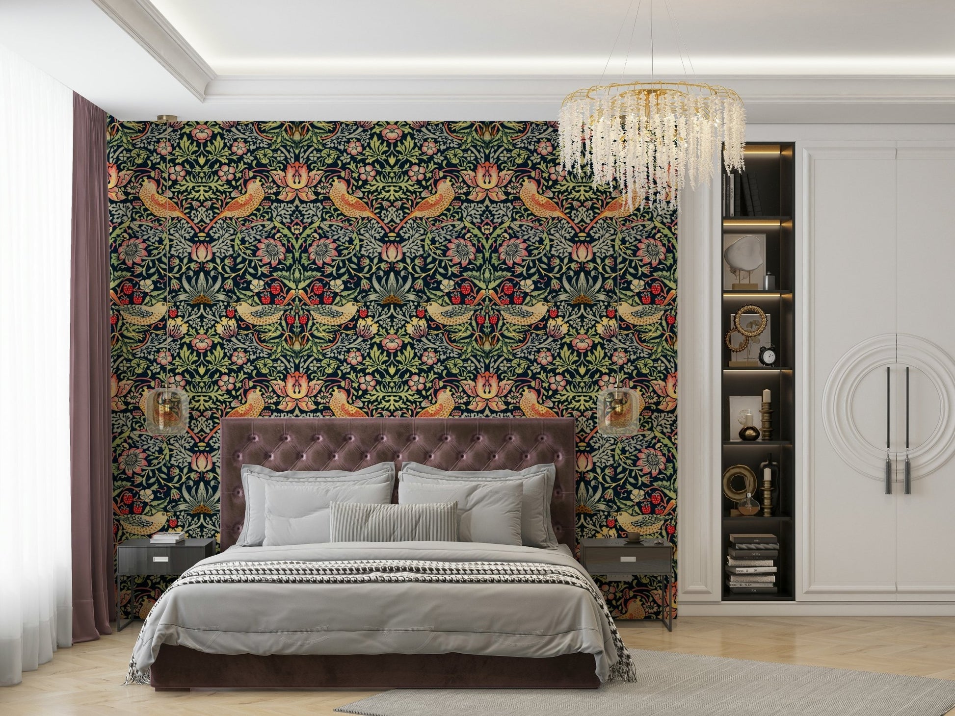 The wallpaper is installed in a classic, elegant living room.

