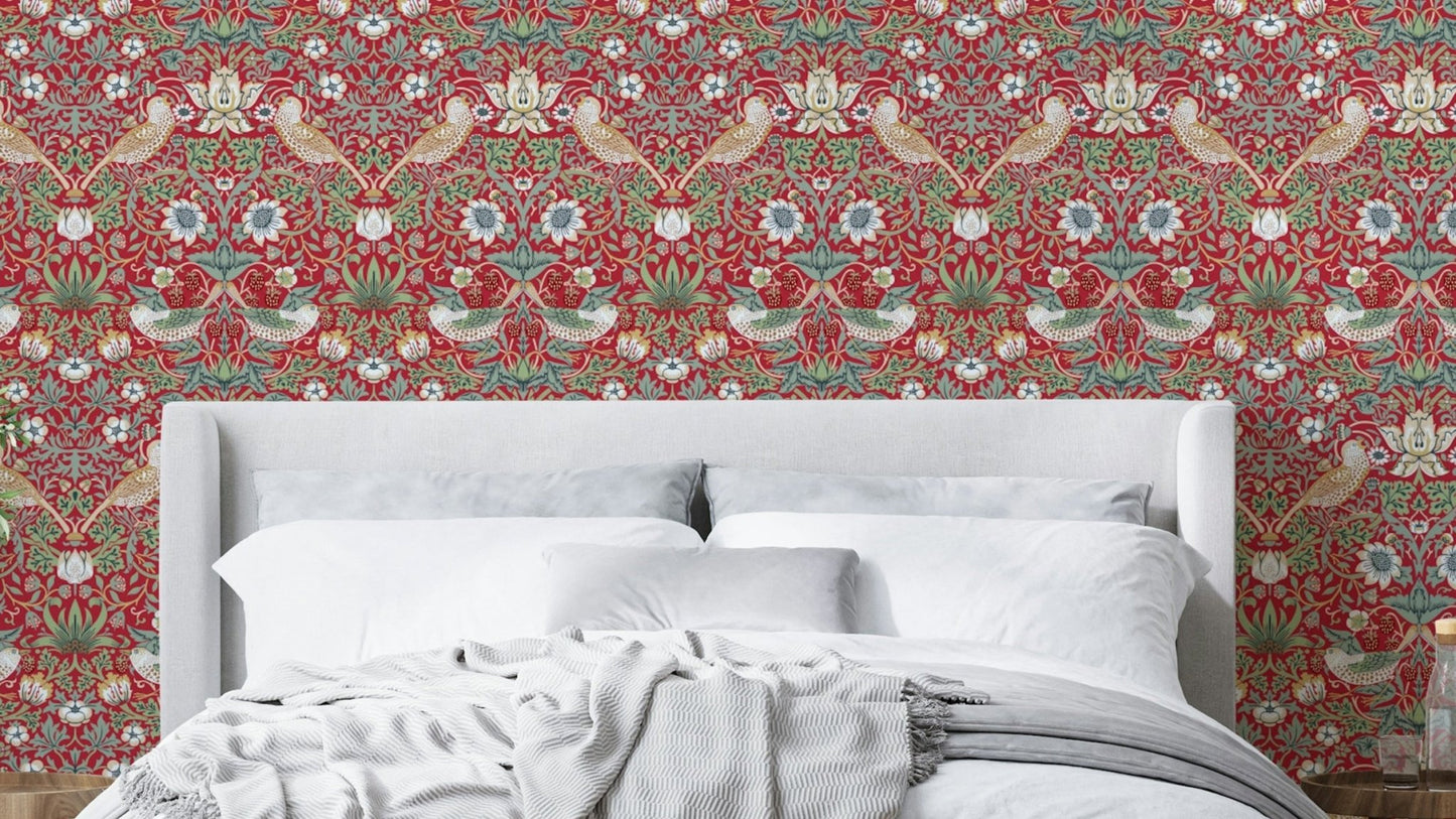 A wallpaper featuring a classic, intricate botanical pattern.

