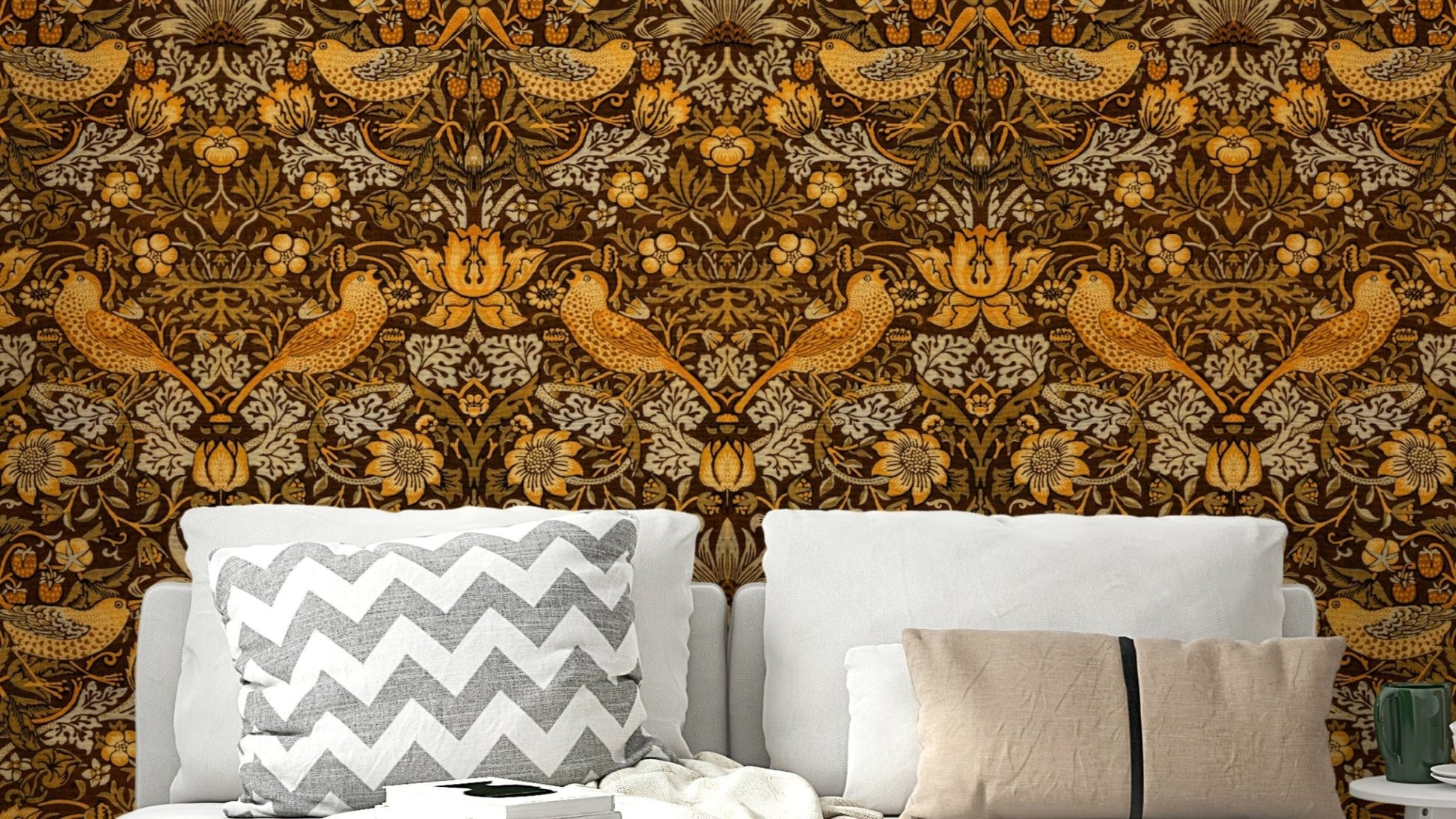 A wallpaper featuring a classic, intricate botanical pattern.

