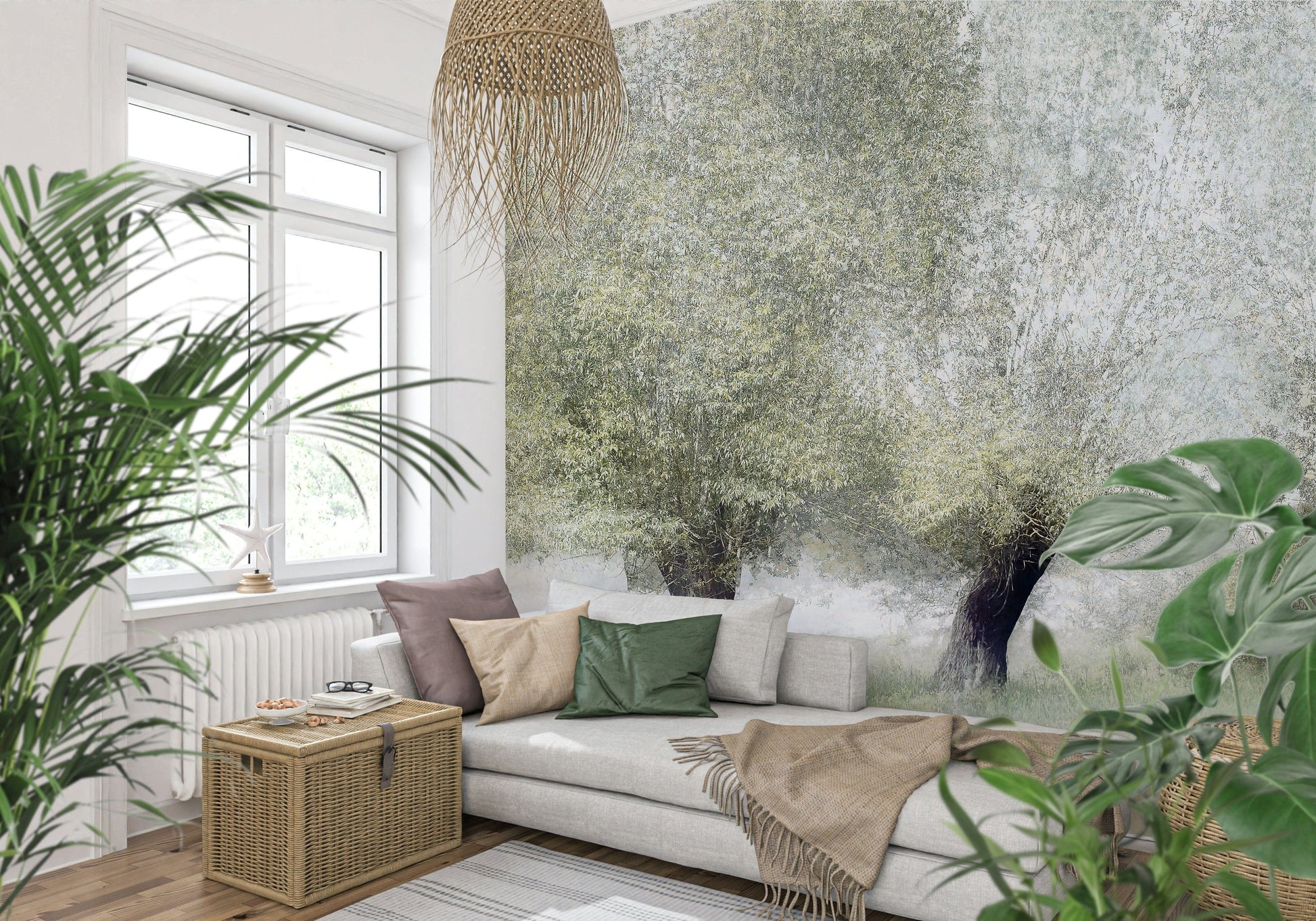 A graceful subtle pattern wall mural in cool, natural tones.