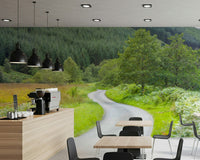 Lush landscape wallpaper: road bordered by yellow meadow and ferns. Winding Way Serenity.