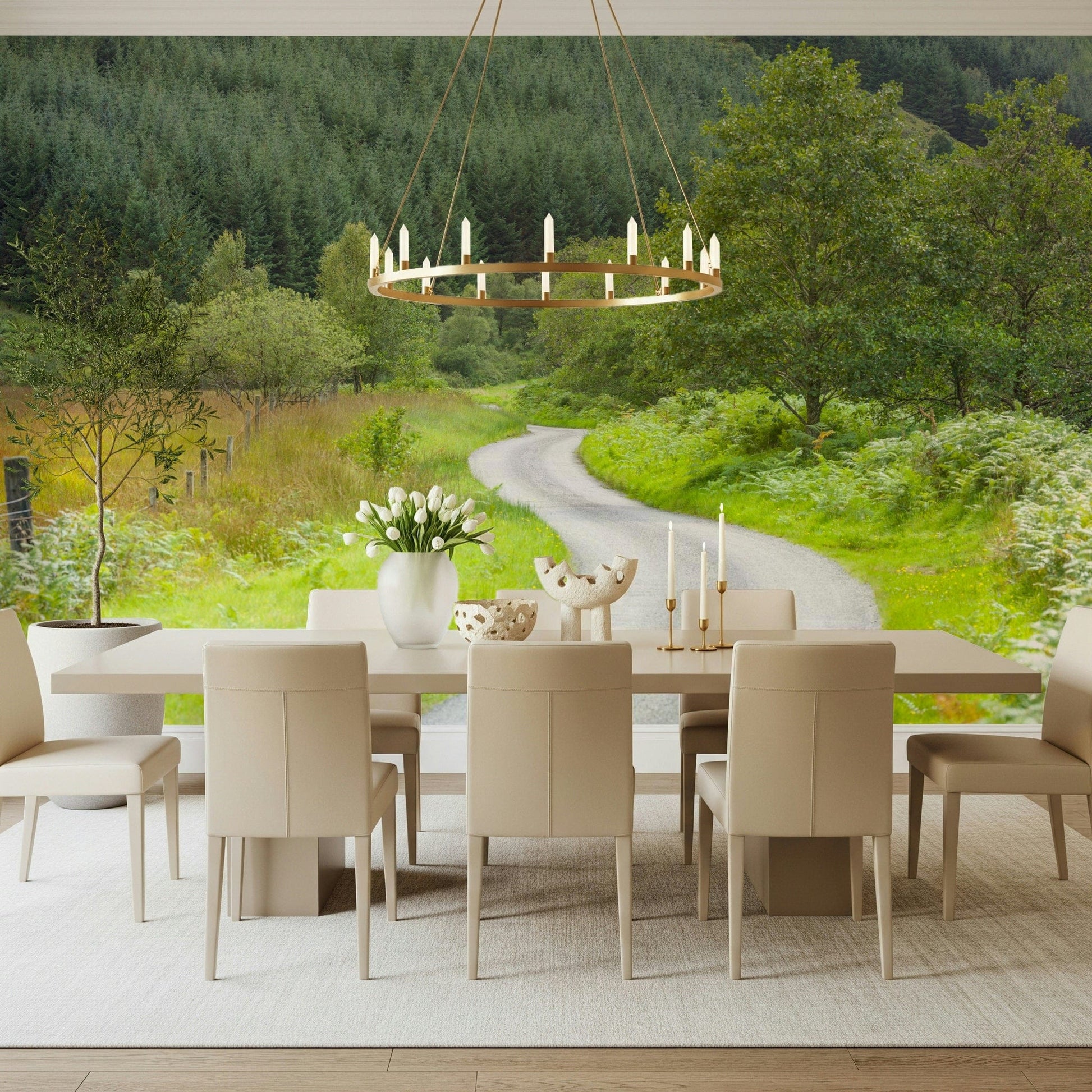 Winding Way Serenity: idyllic path through green fields and tall pine trees.