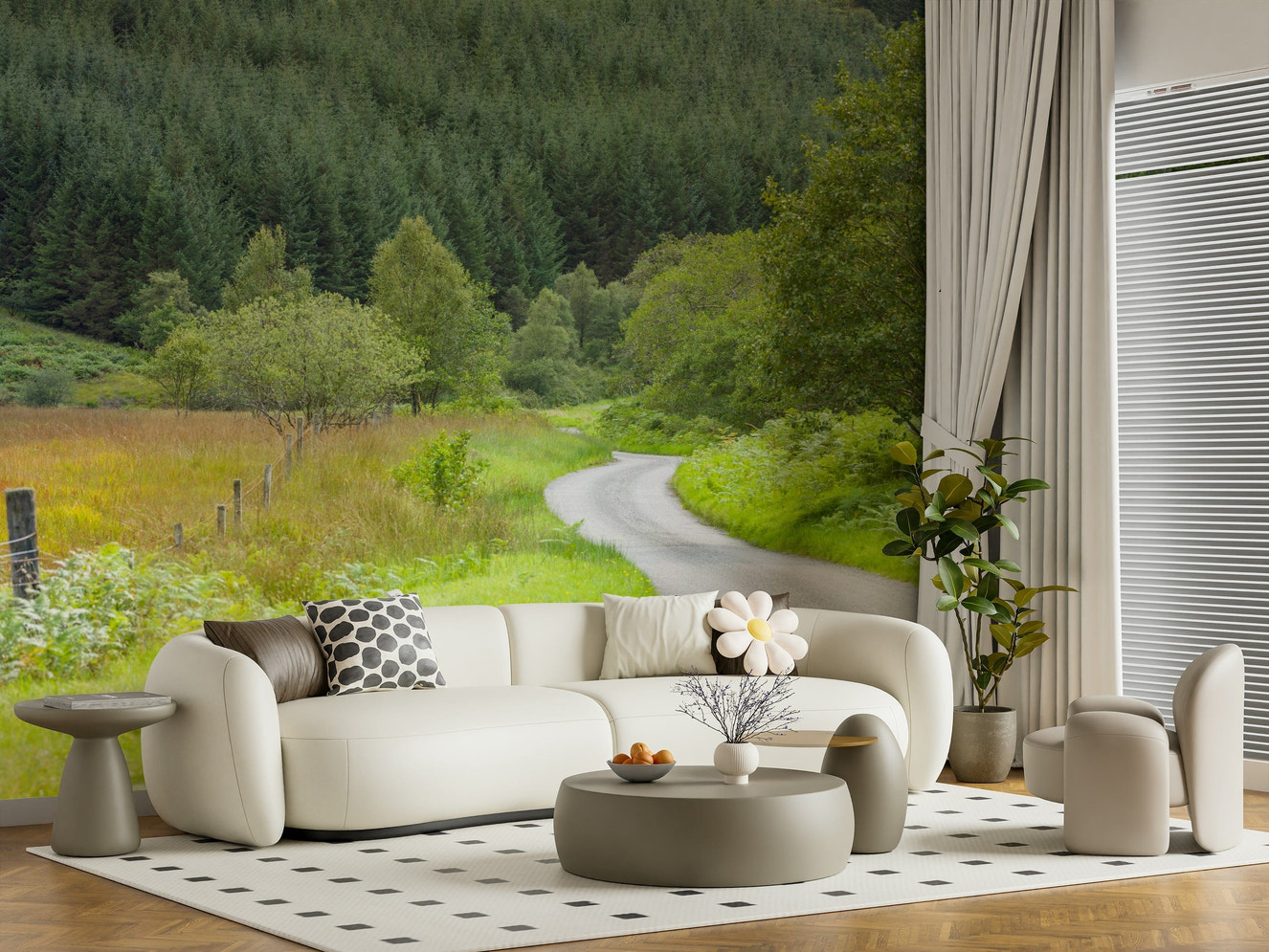 Winding Way Serenity wall mural: peaceful country road through scenic landscape.
