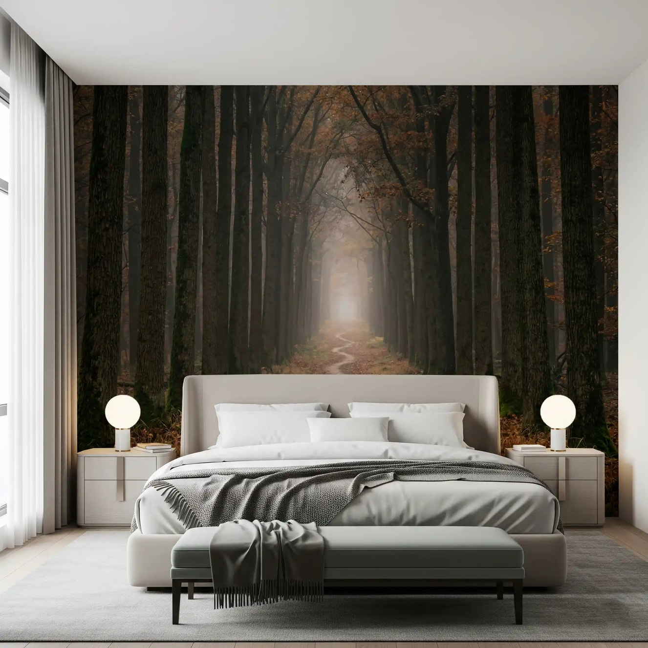 Bedroom woodland trail wall mural autumn forest scene