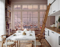 Romantic city skyline wall mural named Window to Paris for bedrooms.