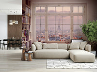 Eiffel Tower wall mural Window to Paris with vinyl record shelves.