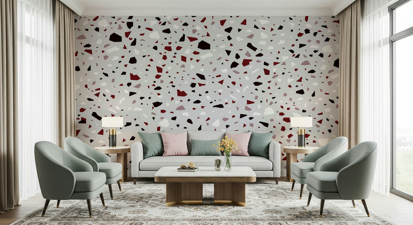 A peaceful speckled pattern mural on decorative wallpaper.