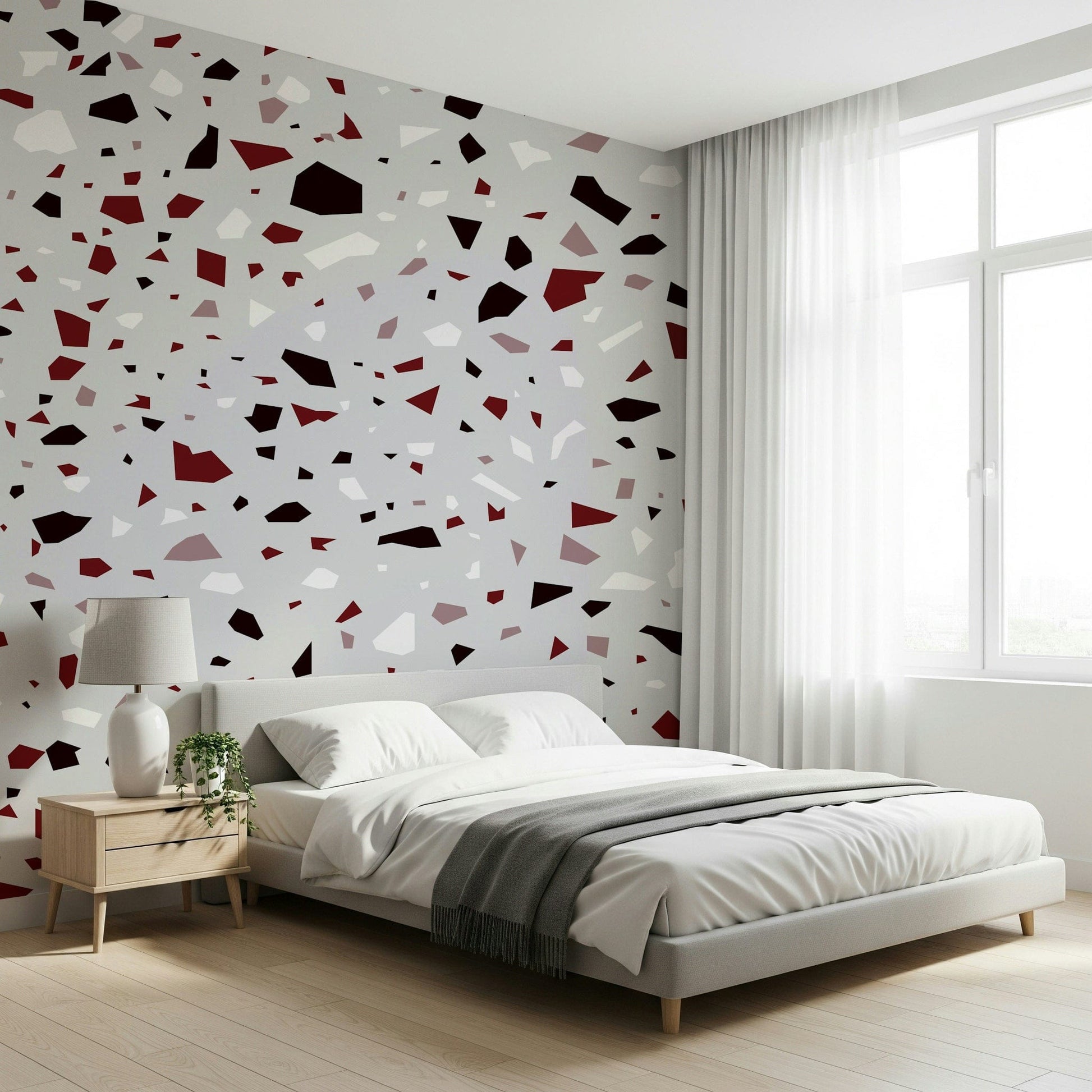 A graceful subtle geometric wall mural in rich, dark tones.