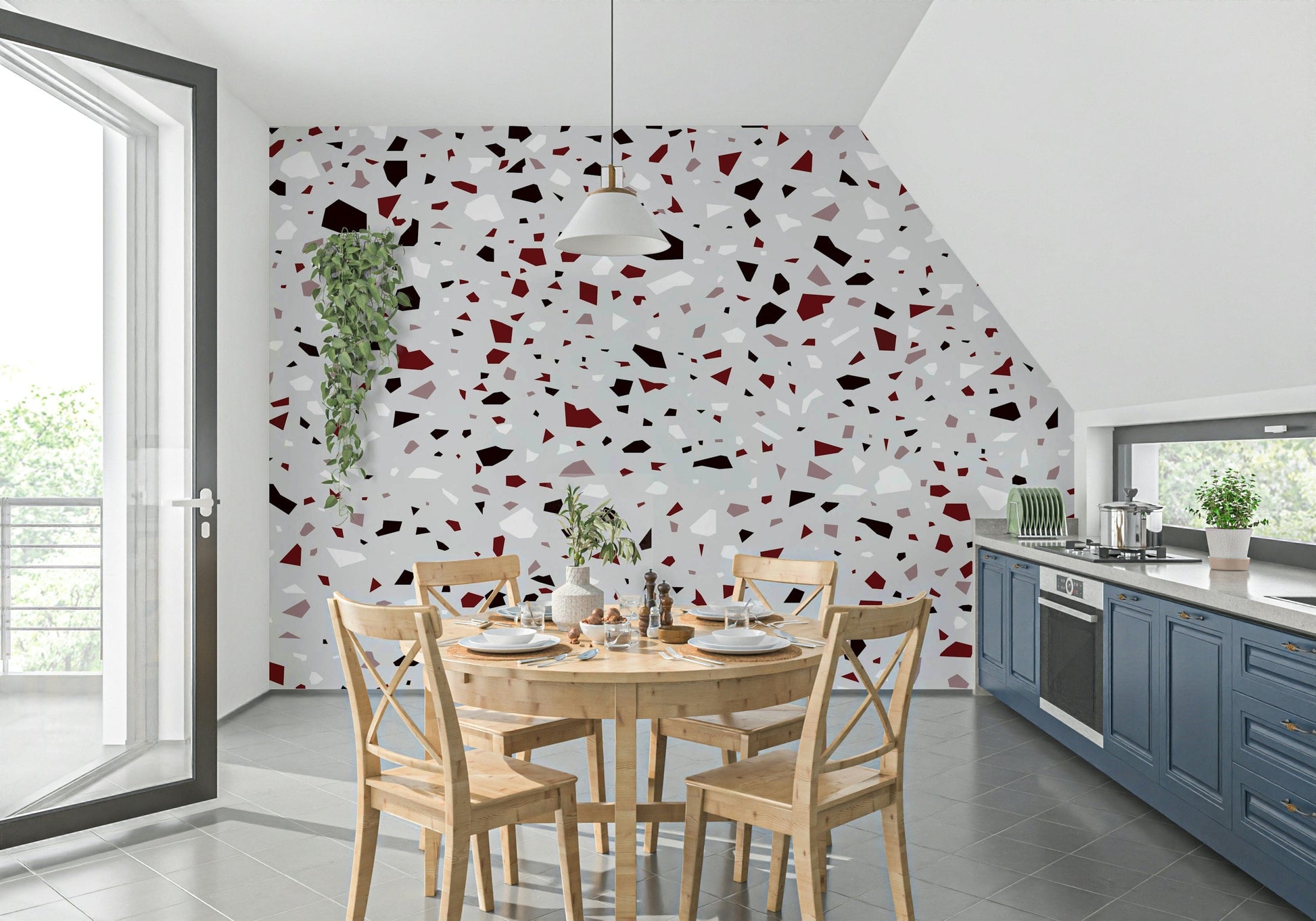 A beautiful modern terrazzo wallpaper mural with subtle wine and burgundy pattern.