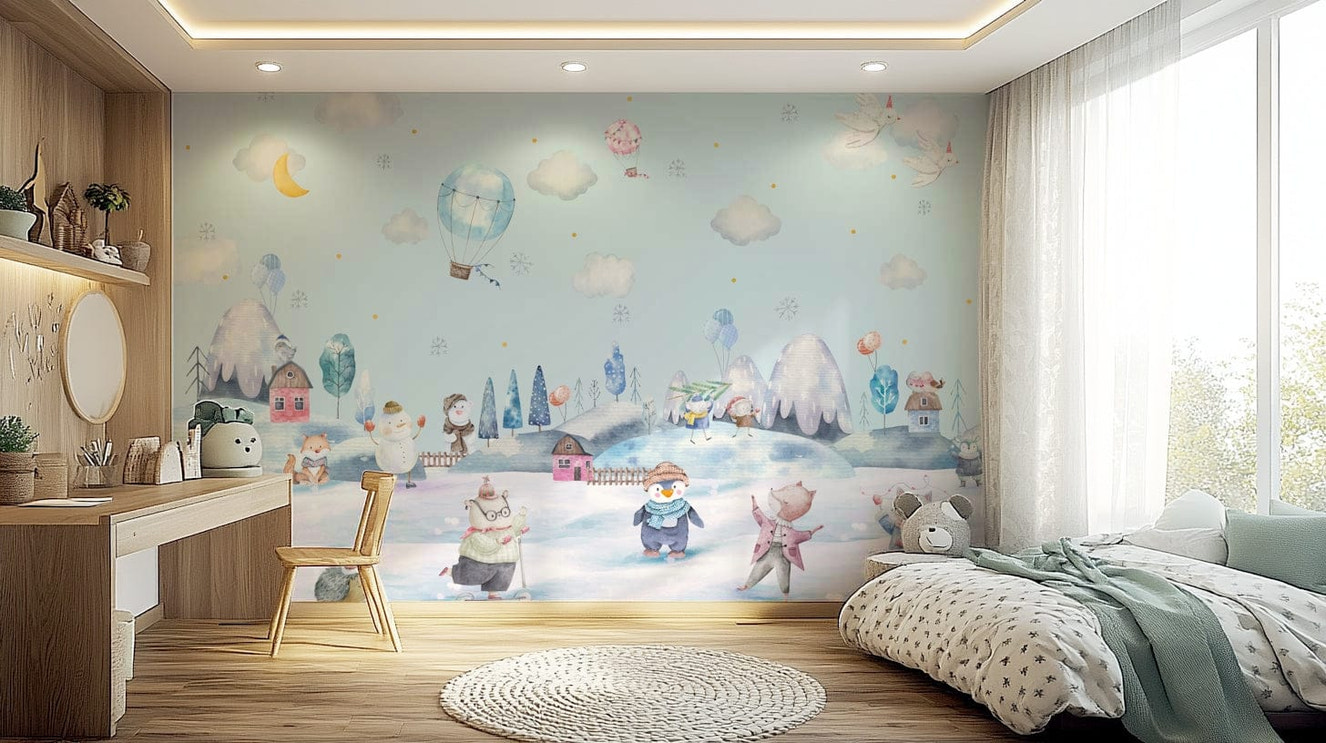 A peaceful wall mural with a whimsical winter scene.

