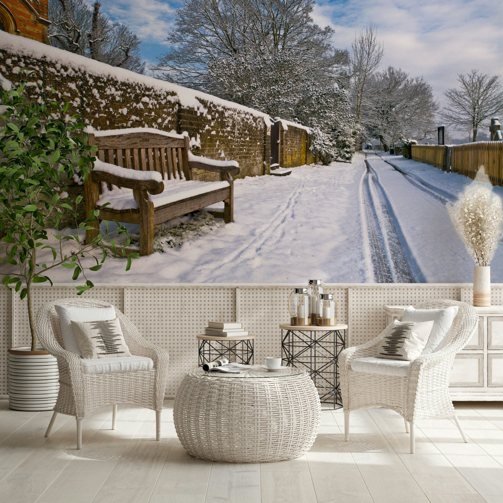 Snowy Park Wallpaper Secluded seating area inviting rest beneath the vast sky.
