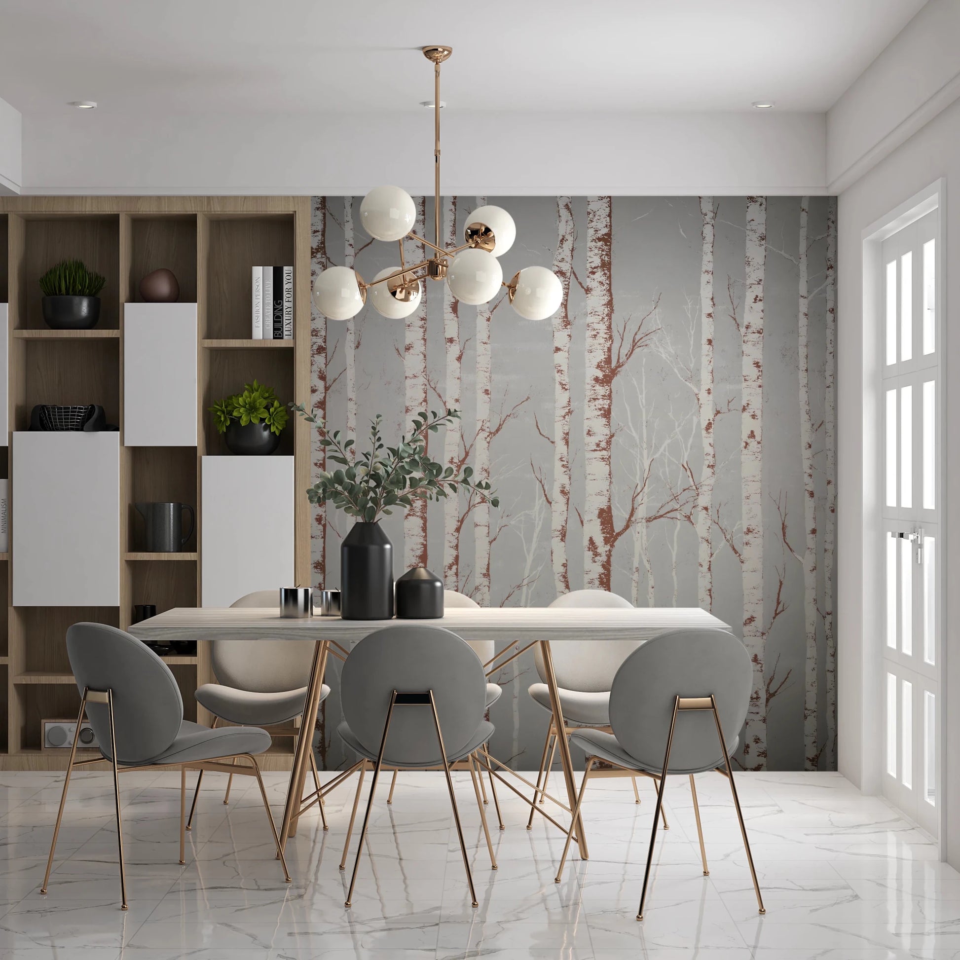 Winter Birch Beauty wallpaper mural of birch trees on grey behind a wood dining table and grey chairs in a dining room