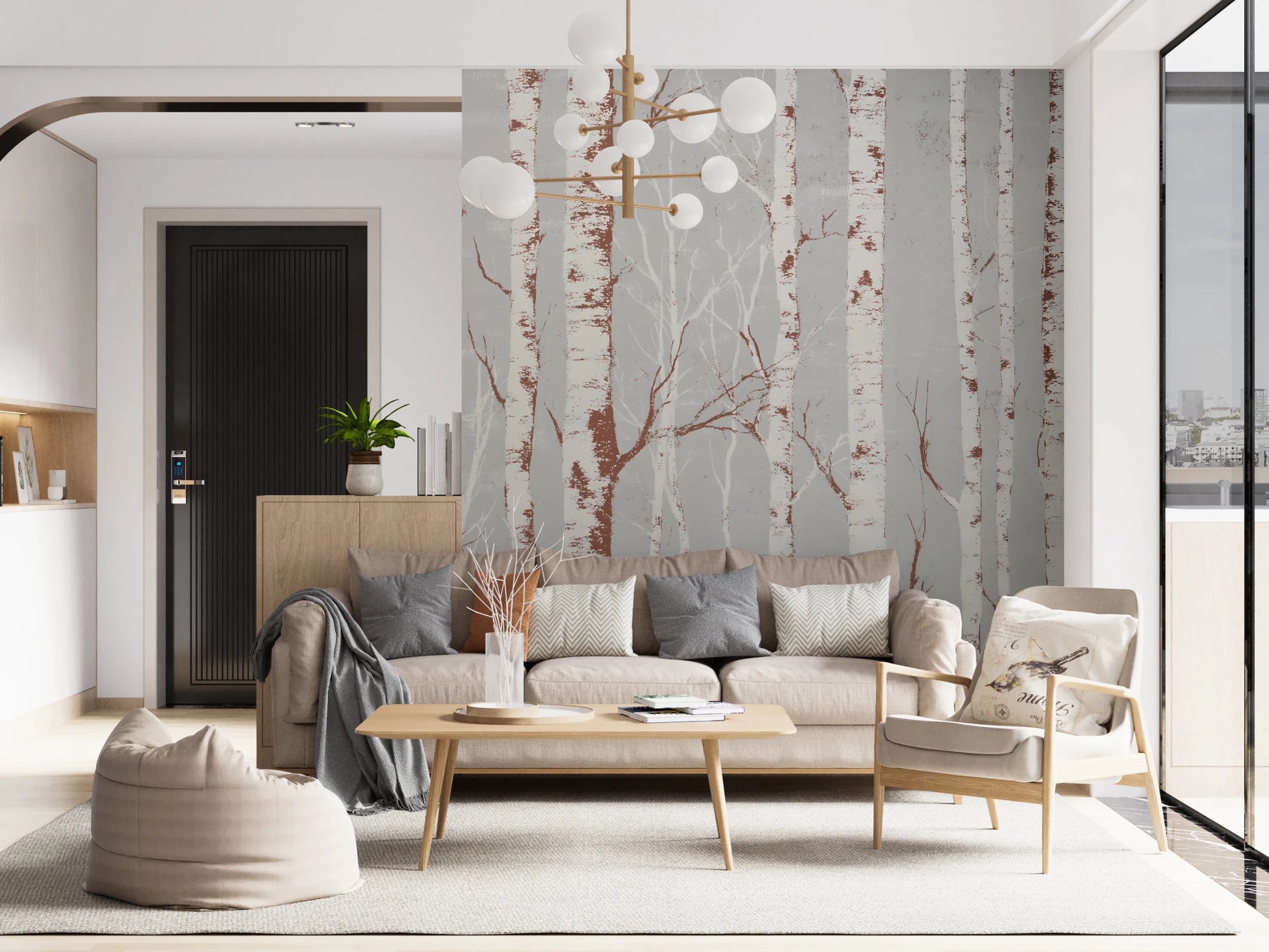 Winter Birch Beauty wallpaper mural of birch trunks on grey behind a beige sofa and wood armchair in a living room