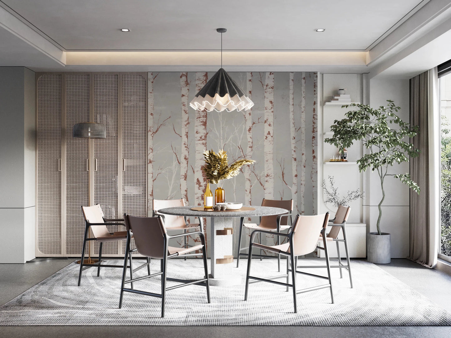 Winter Birch Beauty wallpaper mural of birch trees on grey behind a round stone table and tan chairs in a dining room