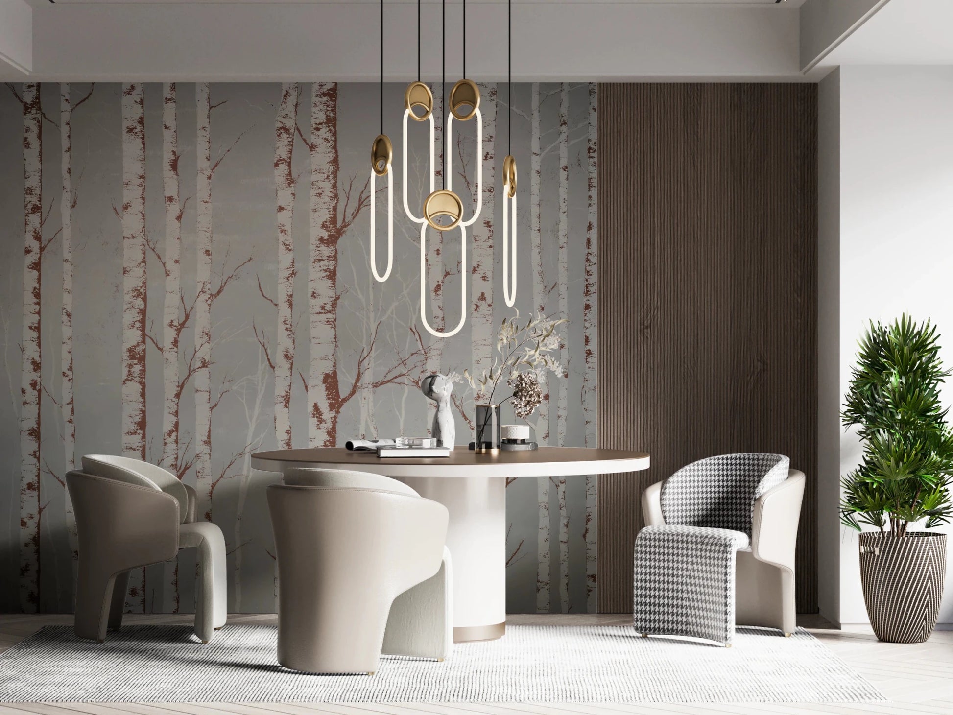 Winter Birch Beauty wallpaper mural of birch trees on grey behind a round table and curved chairs in a dining room