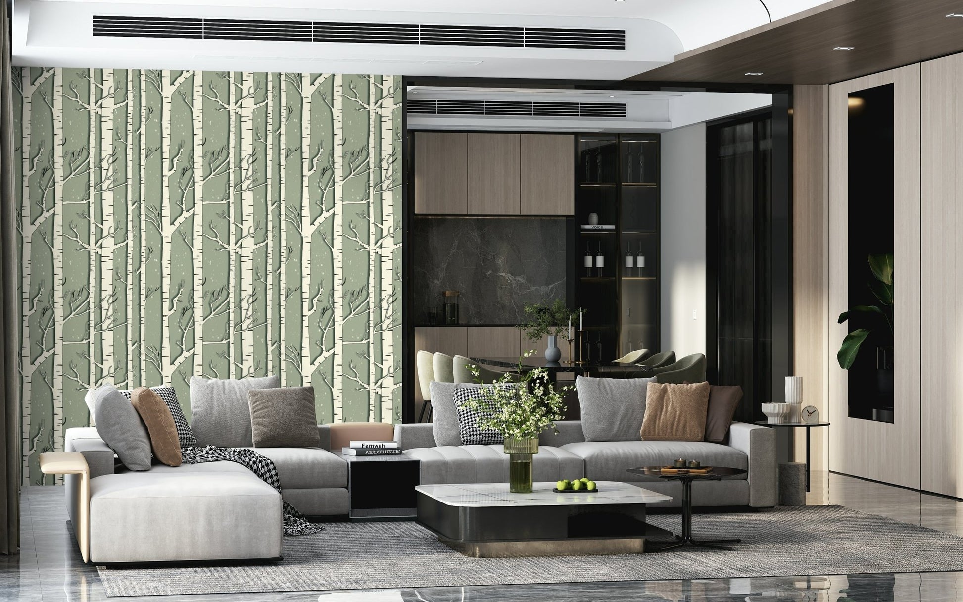 Elegant winter birch wallpaper evoking a serene, frosty forest ambiance.