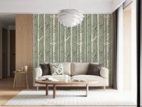 Snow-covered birch tree wallpaper for a calming, nature-inspired wall design.