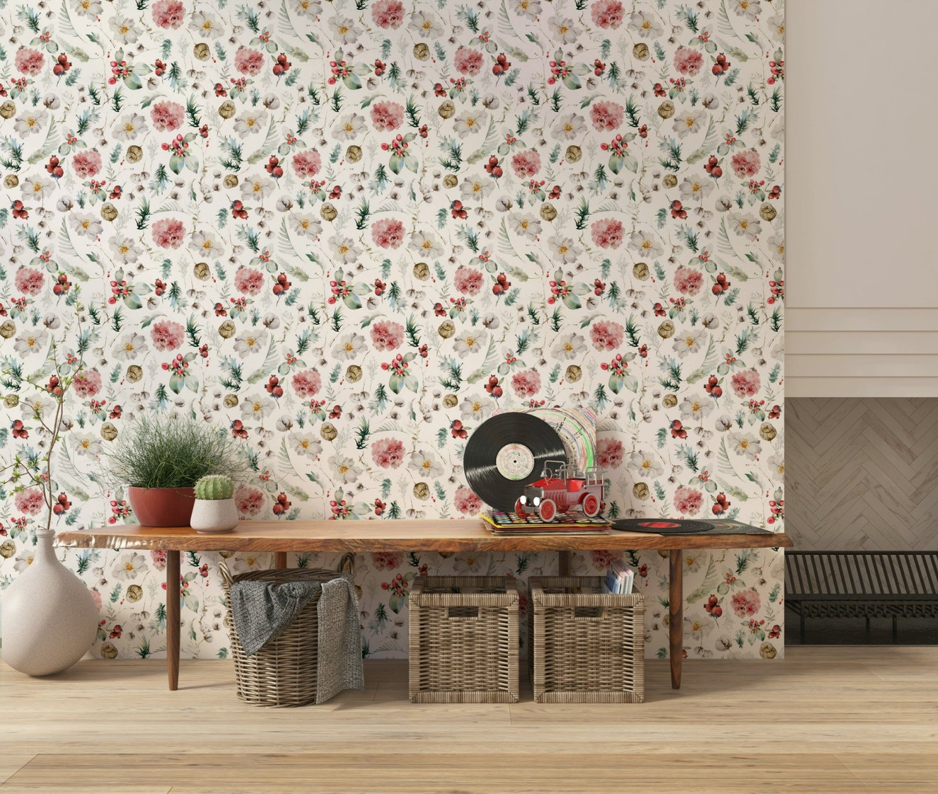 Winter Bloom Watercolor wall mural, blush floral pattern.