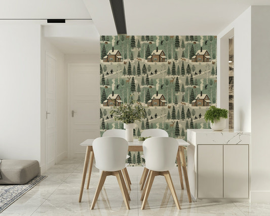 Scenic snowy cabin wallpaper evoking a peaceful, rustic winter atmosphere.