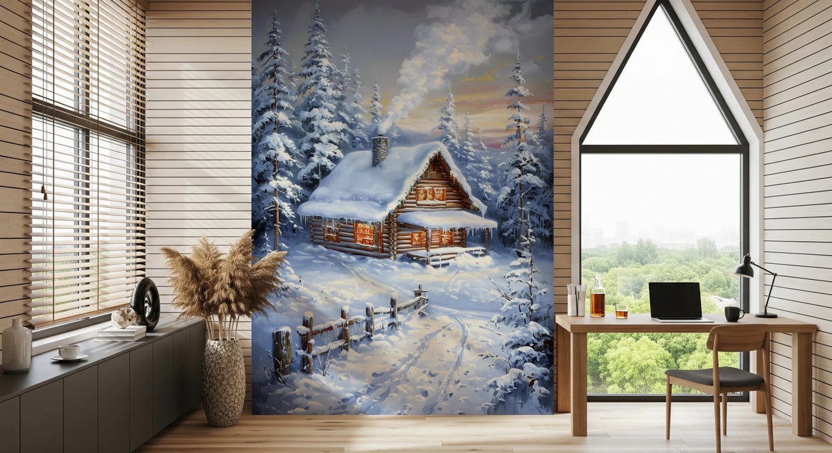 Winter Cabin Retreat wallpaper mural beside a wood desk and laptop in a home office with an A-frame window