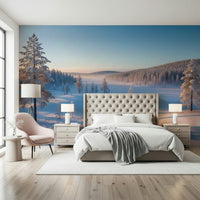 Modern winter mountains wall mural for apartment bedroom, pale blue color wash, feature wall